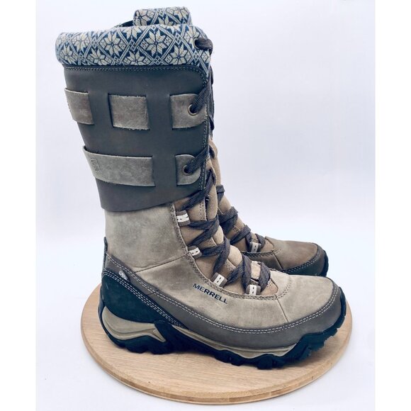 Merrell Boulder Boots Womens 9 Beige Leather Lace Up Mid Calf Insulate Snow - Picture 1 of 10